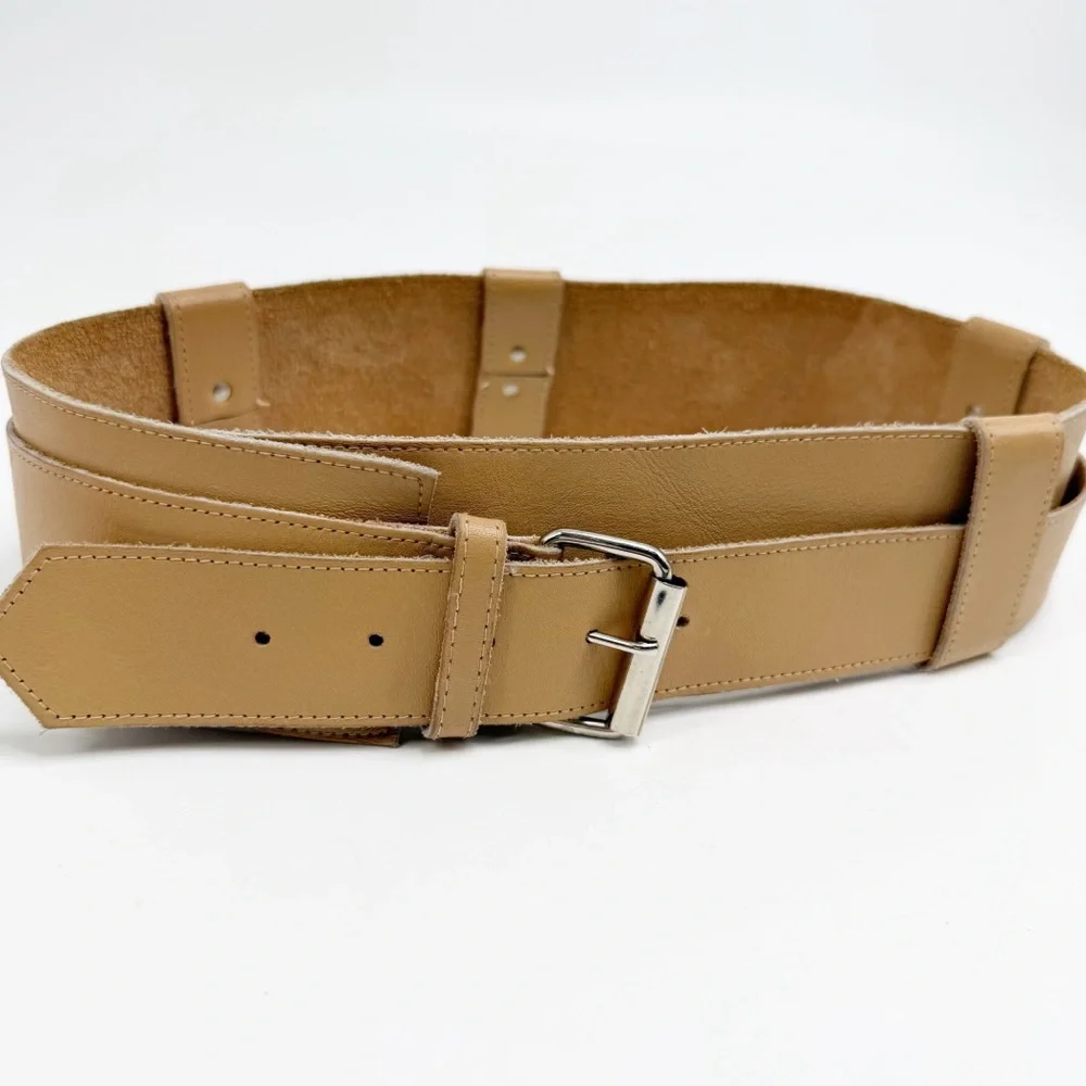 Tan Leather Crossover Asymmetrical Belt with Silver Buckle, Size Small